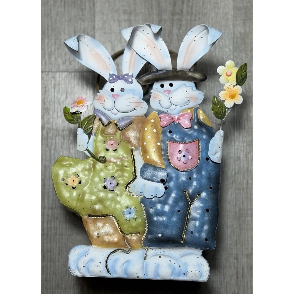 Vintage Home Interiors Metal Bunny Couple Easter Tea Light Luminary Lantern - Picture 3 of 8